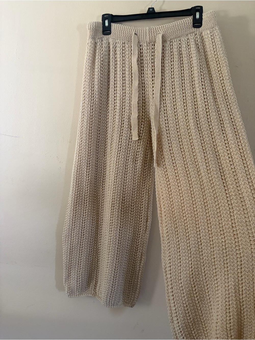 Crochet Knit Wide-Leg Drawstring Swim Coverup Pants in Cream Sz XL
